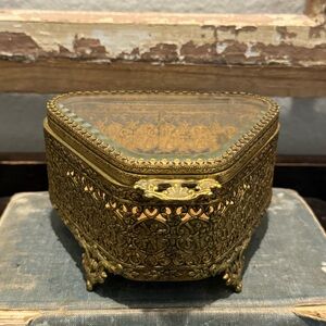 Vintage Brass & Beveled Glass Jewelry Box / Casket claw foot box
